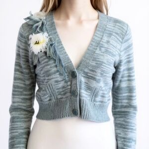 Anthro HWR Monogram Fringe Teal Green Cardigan Sweater - Flaw